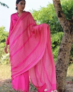 Pink Blockprinted Modal Silk Saree - Rang