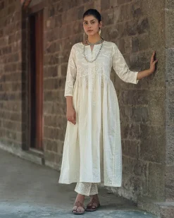 Pressed Cotton Ivory Handblock Printed Kurta Pant Set - SFD