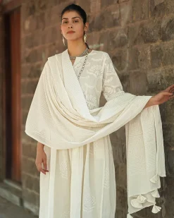 Pressed Cotton Ivory Handblock Printed Kurta Pant Set - SFD