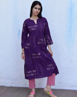 Purple & Pink Block Print Cotton Kurta Set