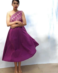Purple Handprinted One Shoulder Pure Cotton Dress -Skd
