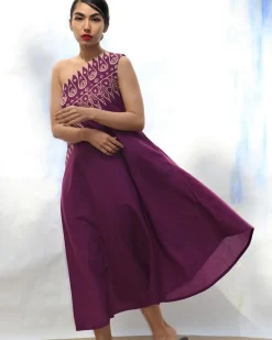 Purple Handprinted One Shoulder Pure Cotton Dress -Skd