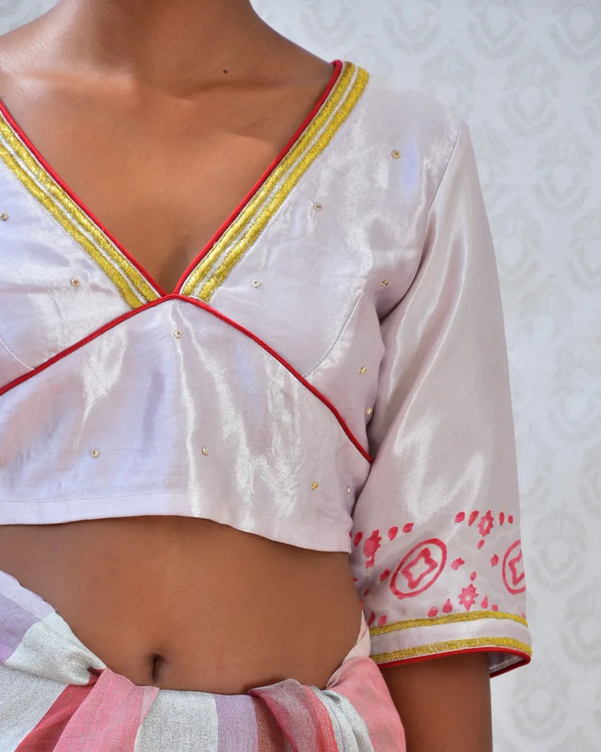 Purple Pearl Handblockprinted Mashru Silk Blouse - Bgvl