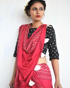 "Maroon & White Pure Cotton Block Print Saree "