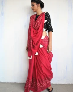 "Maroon & White Pure Cotton Block Print Saree "