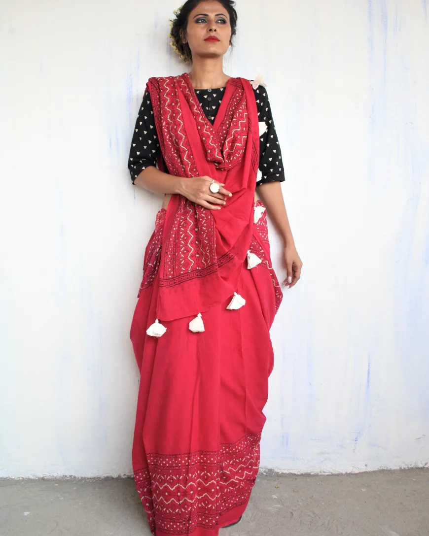 "Maroon & White Pure Cotton Block Print Saree "