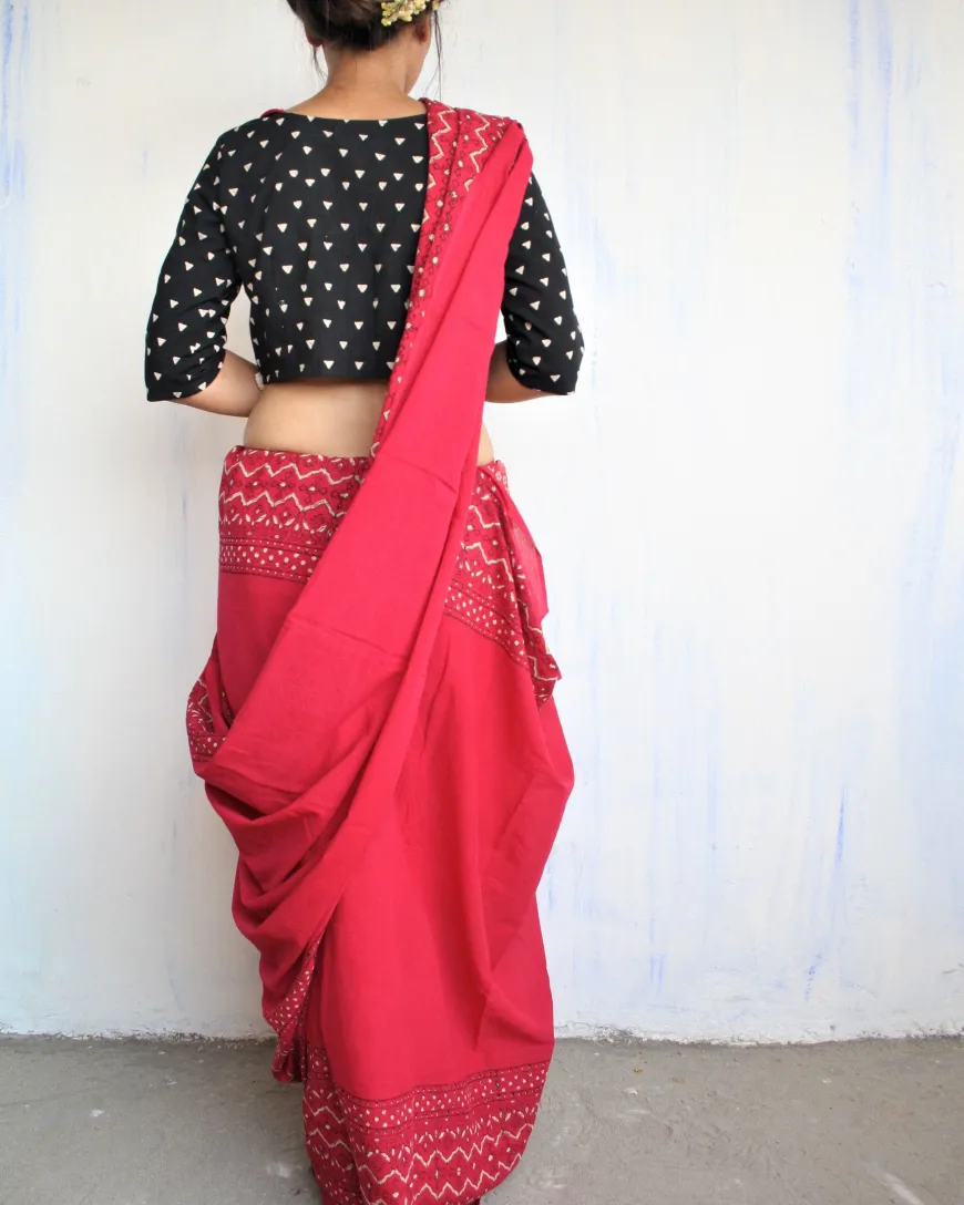"Maroon & White Pure Cotton Block Print Saree "