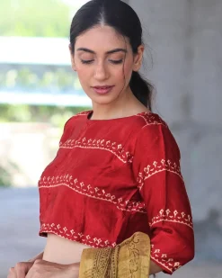 Red Block Printed Blouse In Mashru Silk
