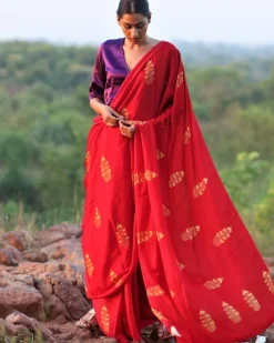 Red Blockprinted Modal Silk Saree - Rang