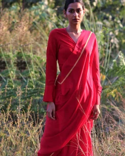 Red Blockprinted Modal Silk Saree - Rang