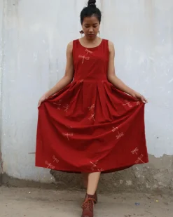 Red Dragonfly Blockprinted Cotton Dress