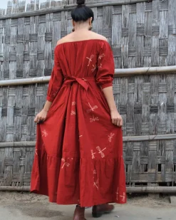 Red Dragonfly Blockprinted Offshoulder Cotton Dress