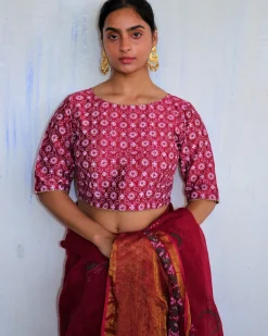 Red Floral Block Printed Chanderi Blouse-Soni