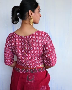 Red Floral Block Printed Chanderi Blouse-Soni