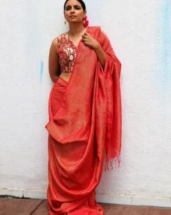 Red Handwoven Linen Zari Saree - TOG