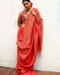 Red Handwoven Linen Zari Saree - TOG