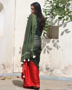 Red-Green Block Printed Modal Silk Saree