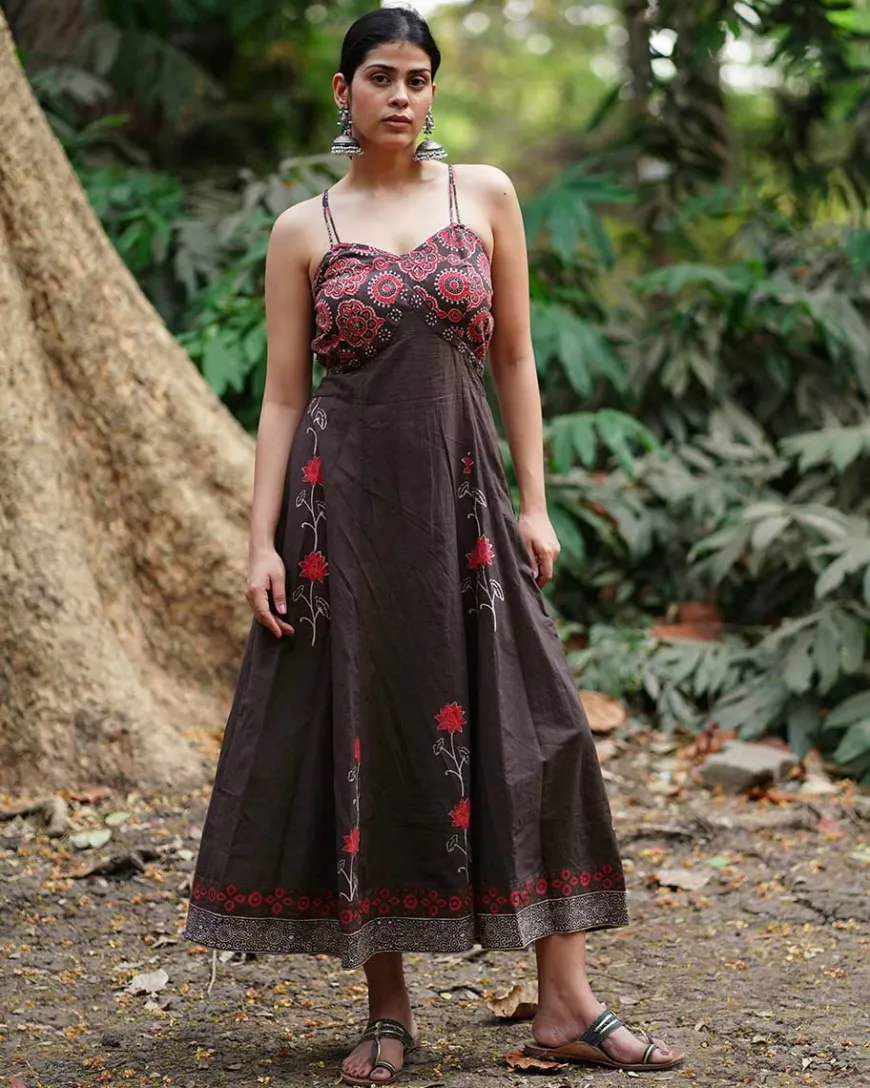 Rohini Brown Block Printed Cotton Dress - WW