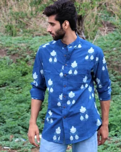 Royal Blue Block Printed Cotton Shirt