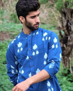 Royal Blue Block Printed Cotton Shirt