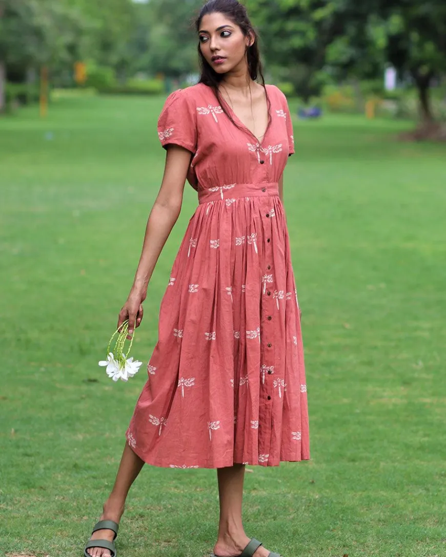 Rust Dragonfly Block Printed Cotton Dress-Mon