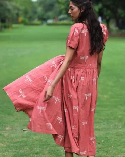 Rust Dragonfly Block Printed Cotton Dress-Mon