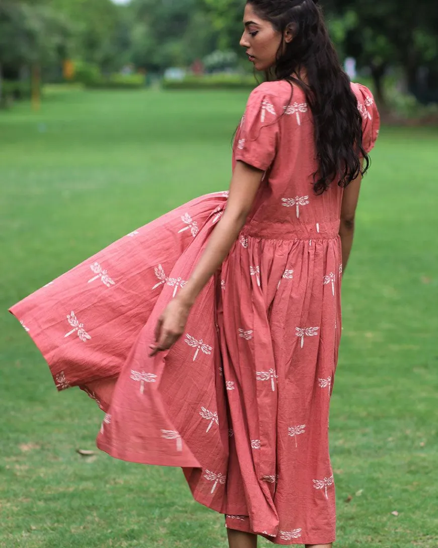 Rust Dragonfly Block Printed Cotton Dress-Mon