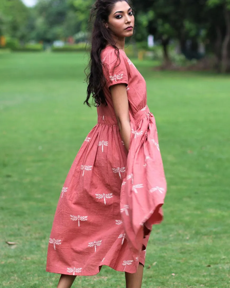 Rust Dragonfly Block Printed Cotton Dress-Mon