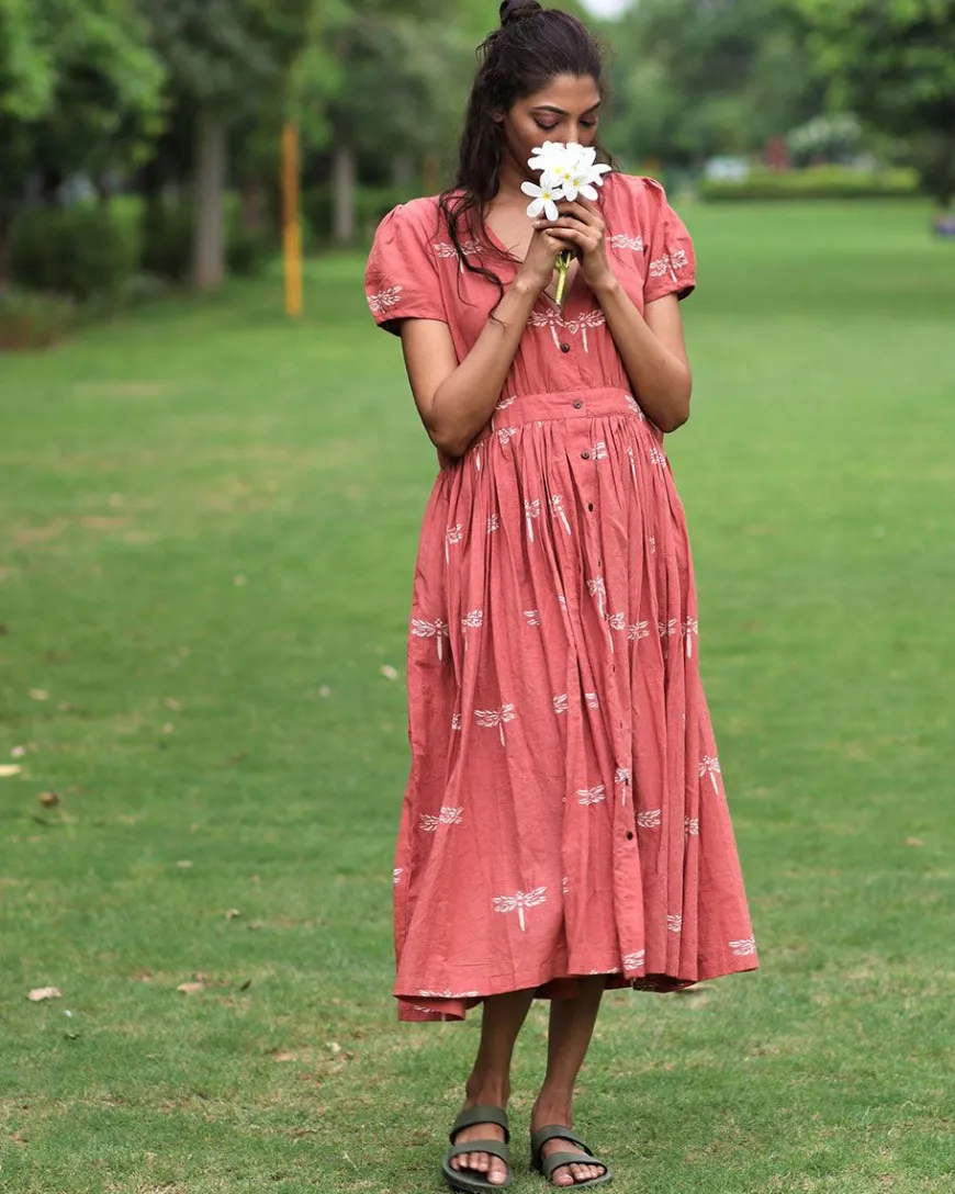 Rust Dragonfly Block Printed Cotton Dress-Mon