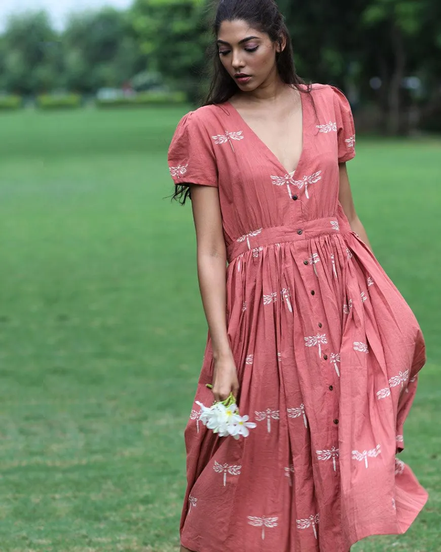 Rust Dragonfly Block Printed Cotton Dress-Mon