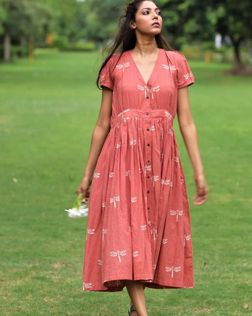 Rust Dragonfly Block Printed Cotton Dress-Mon