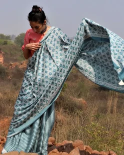 Sea Blue Blockprinted Modal Silk Saree