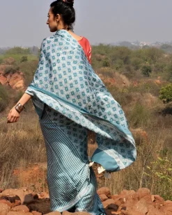 Sea Blue Blockprinted Modal Silk Saree