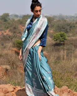 Sea Blue Blockprinted Modal Silk Saree Dragonfly