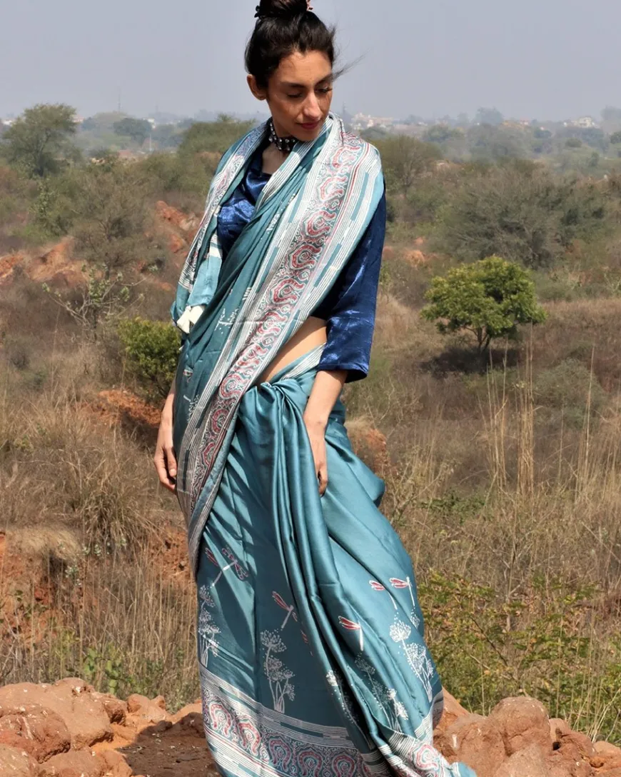 Sea Blue Blockprinted Modal Silk Saree Dragonfly