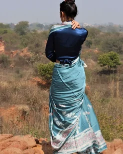 Sea Blue Blockprinted Modal Silk Saree Dragonfly