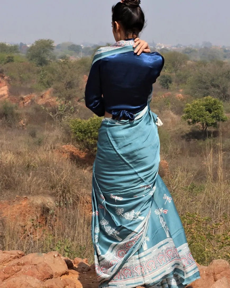 Sea Blue Blockprinted Modal Silk Saree Dragonfly