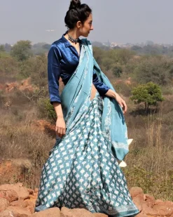 Sea Blue Blockprinted Modal Silk Saree Bel