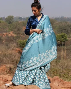 Sea Blue Blockprinted Modal Silk Saree Bel