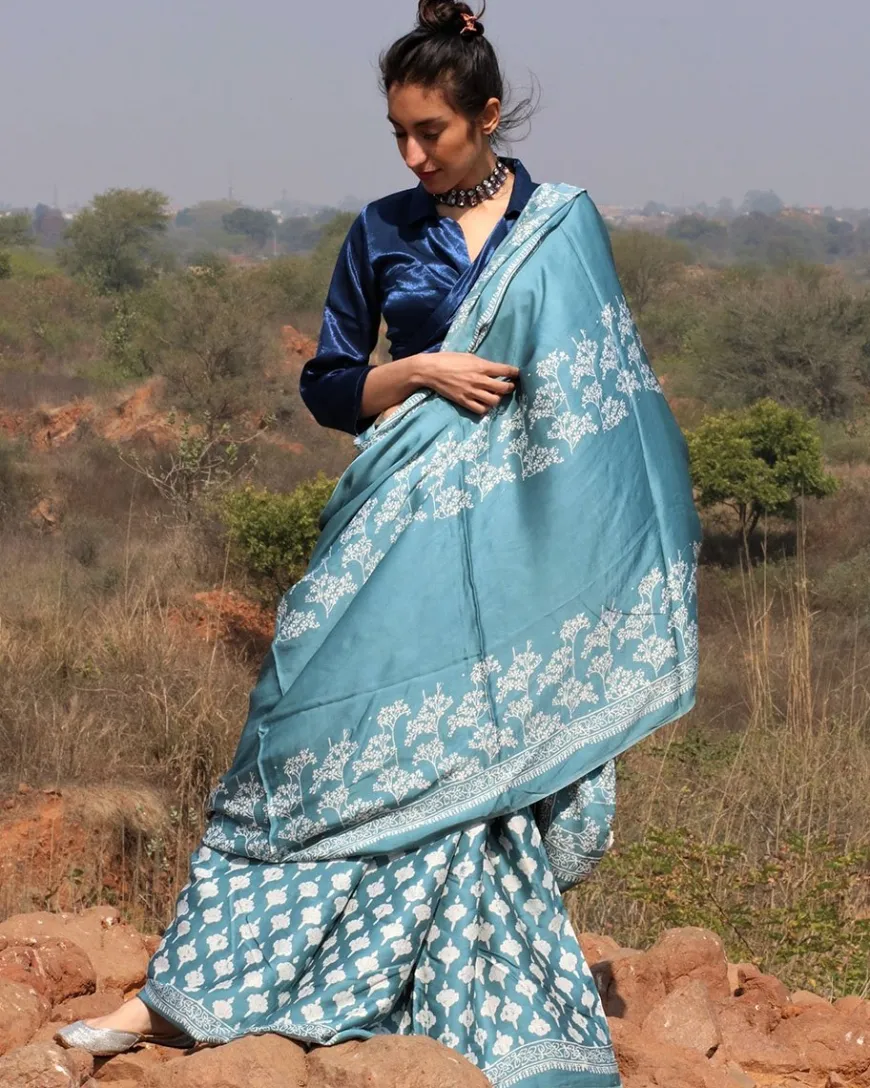 Sea Blue Blockprinted Modal Silk Saree Bel