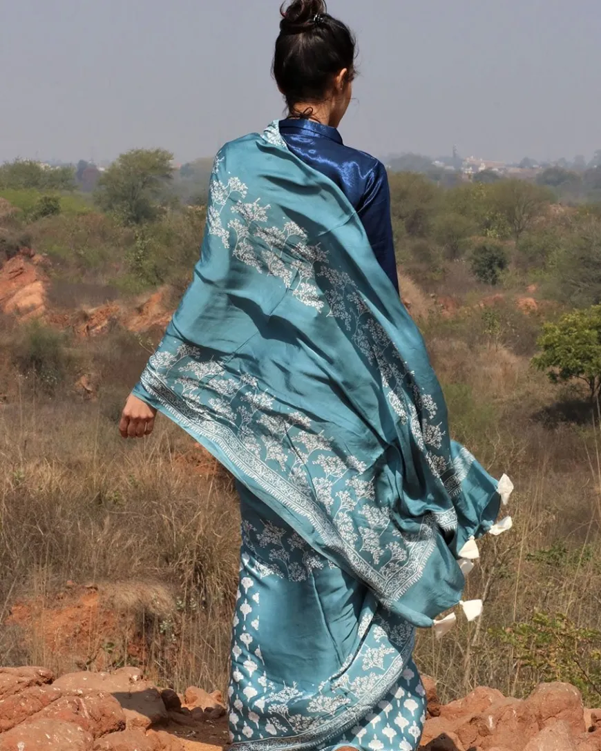 Sea Blue Blockprinted Modal Silk Saree Bel