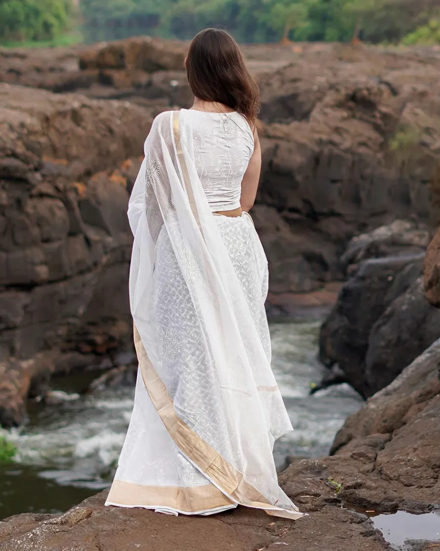 Seafoam cream Kota Doria Ivory Block Printed Saree - SFD