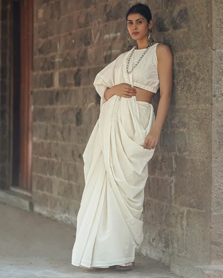 Sleepy Shell Ivory Block Printed Saree - SFD