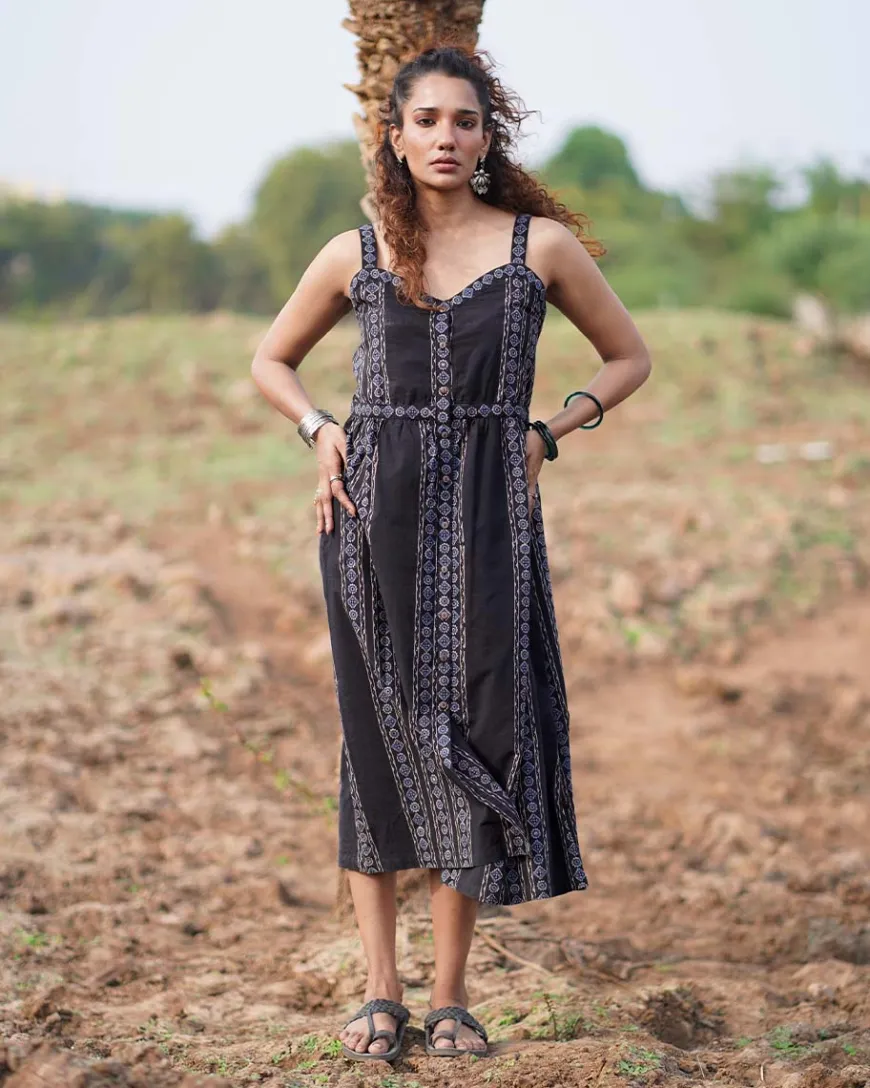 Soft Moonlight Blockprinted Cotton Dress-WWB