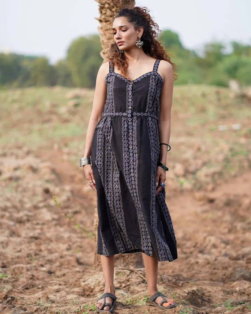 Soft Moonlight Blockprinted Cotton Dress-WWB