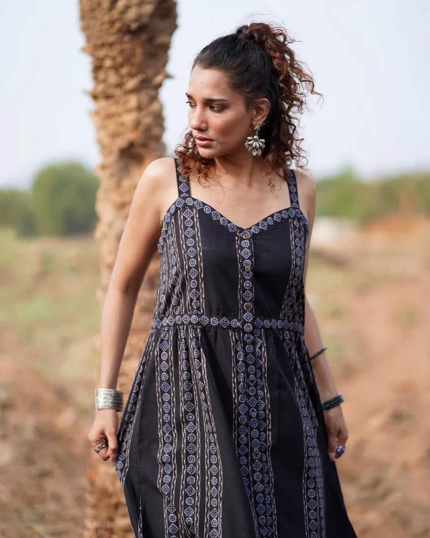 Soft Moonlight Blockprinted Cotton Dress-WWB