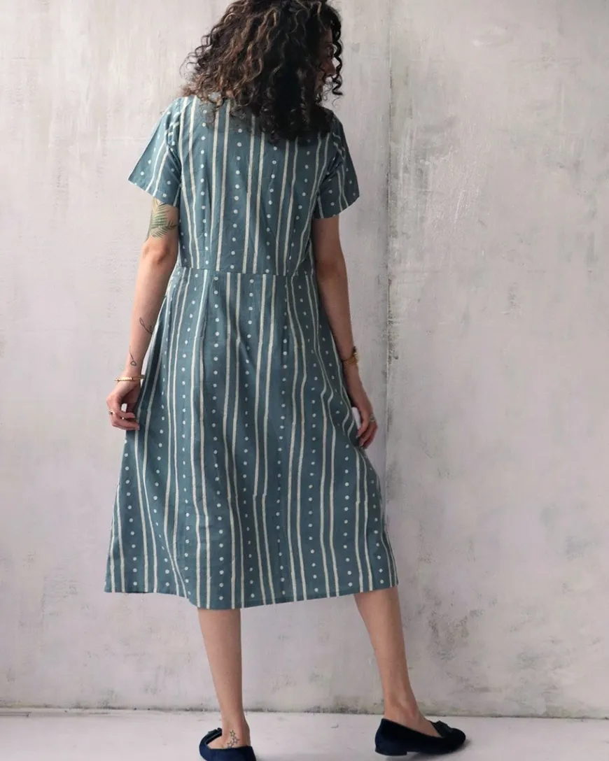 Steel Blue Blockprinted Cotton Dress