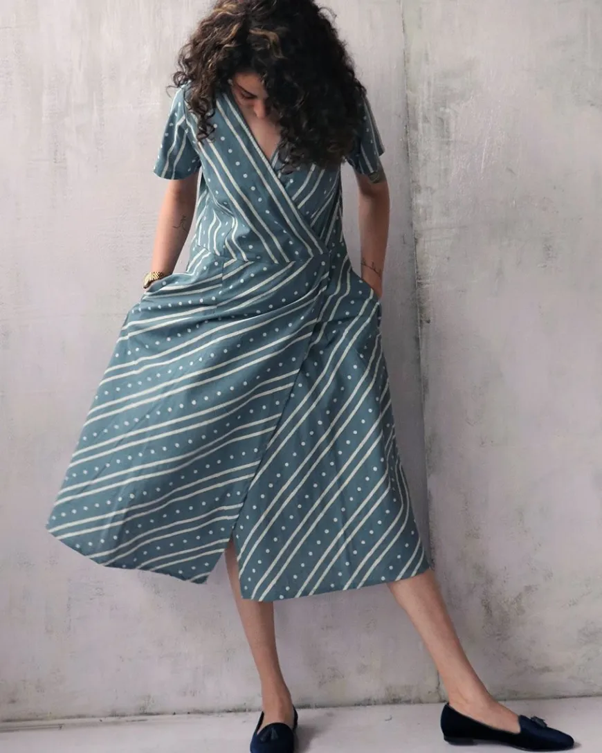 Steel Blue Blockprinted Cotton Dress