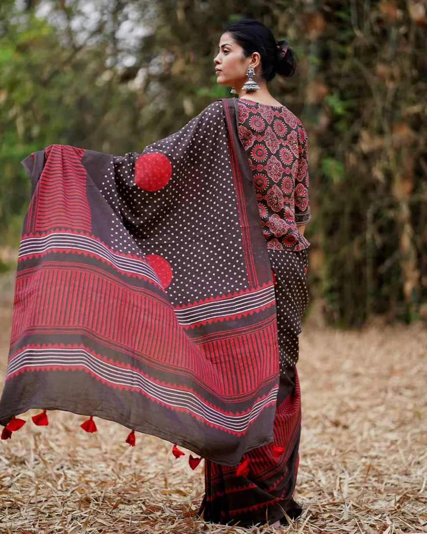 Suraj Ki Baahon Mein Brown Hand Block Printed Cotton Saree - WW