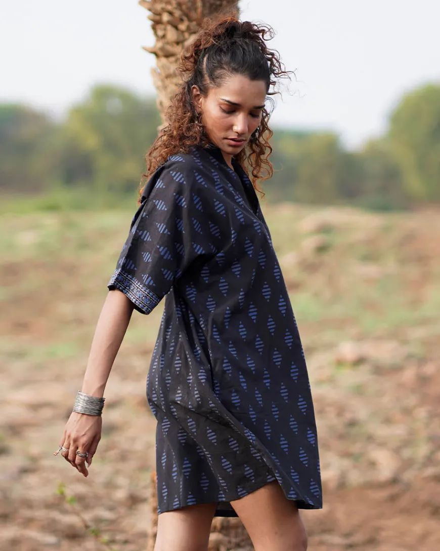 Swaying Silence Blockprinted Cotton Dress-WWB